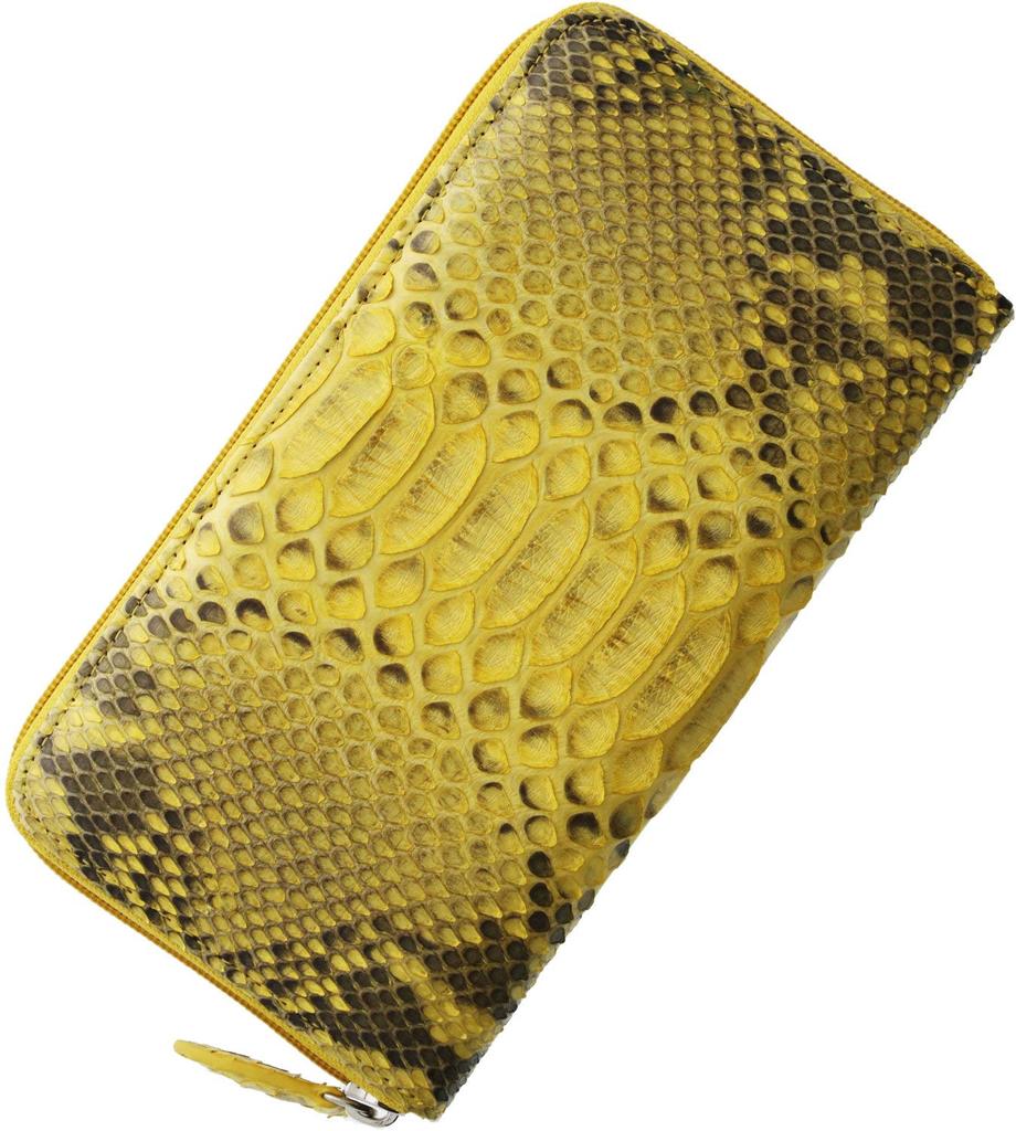 Sankyo Shokai Diamond Python Leather Men's Zip-Around Long Wallet, Python: Yellow