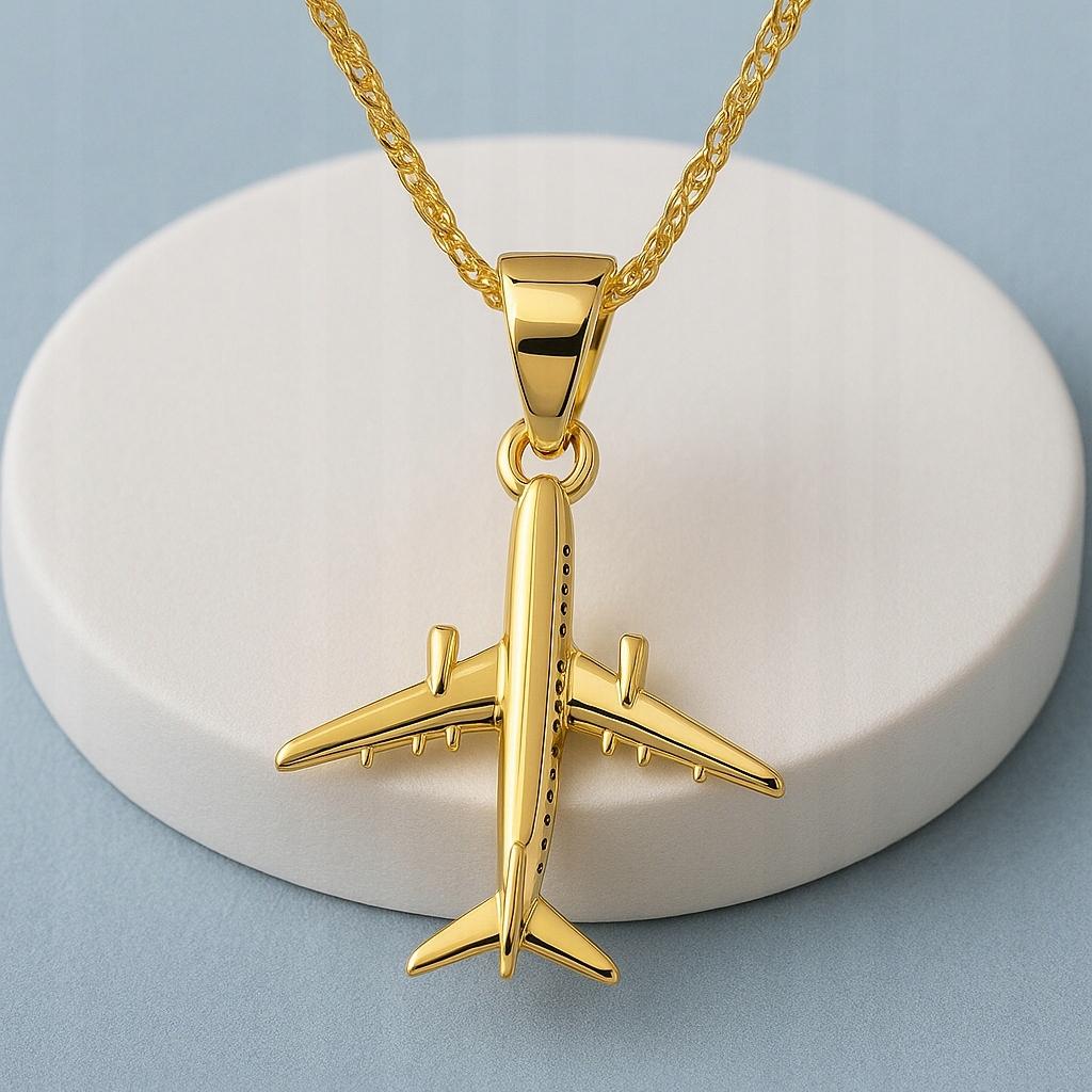 Gold Necklace With Airplane Hanging Plane Travel Silver 925