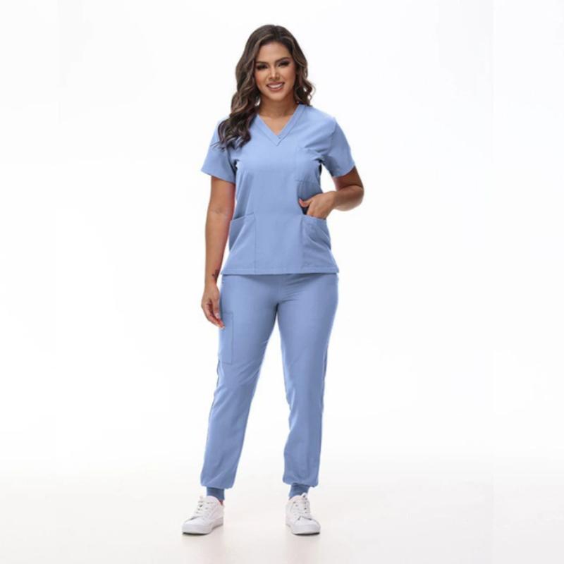 Medical Scrub Suit Healthcare Worker Scrub Top and Pants, Doctor's Work Uniform Elastic Quick-dry Short Sleeve Long Pants Nurse Outfit Set