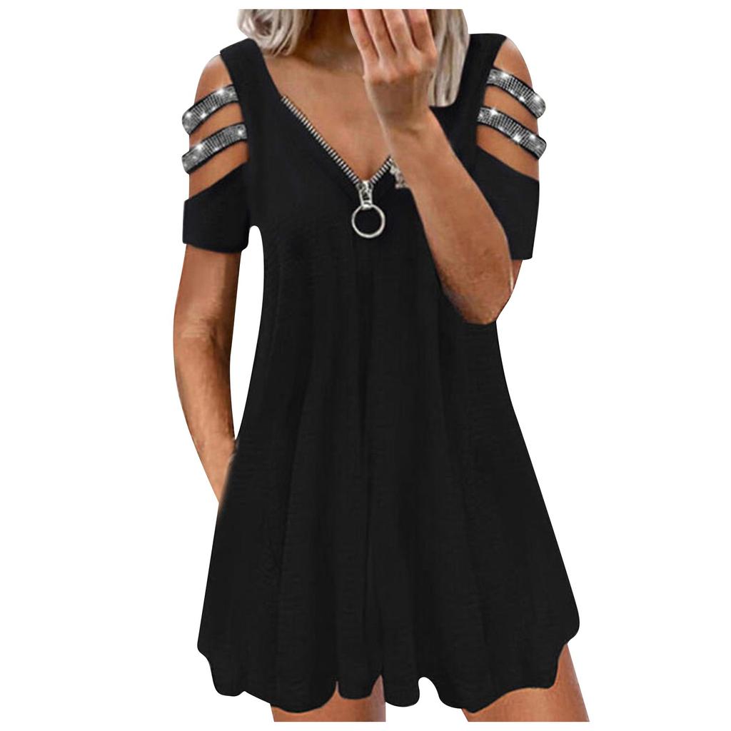 Women's Fashion  Strapless Solid Color V-Neck Short Sleeves Leisure Dress