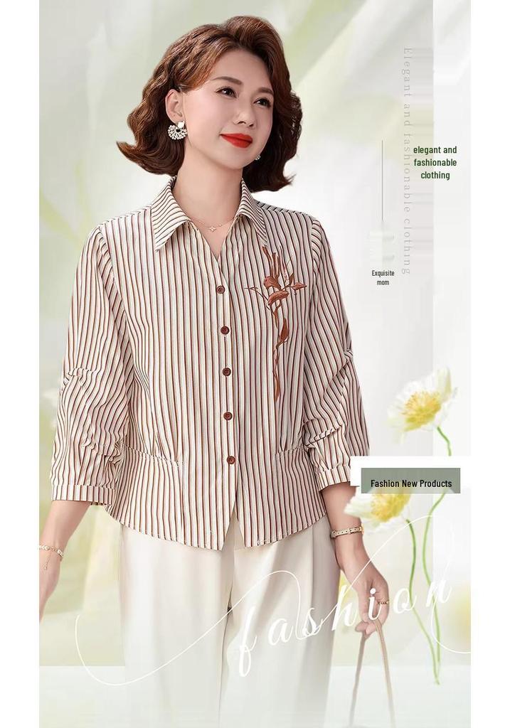 2026 New Striped Seven-Sleeve Shirt for Middle-Aged Women - Spring/Summer Fashion for Moms
