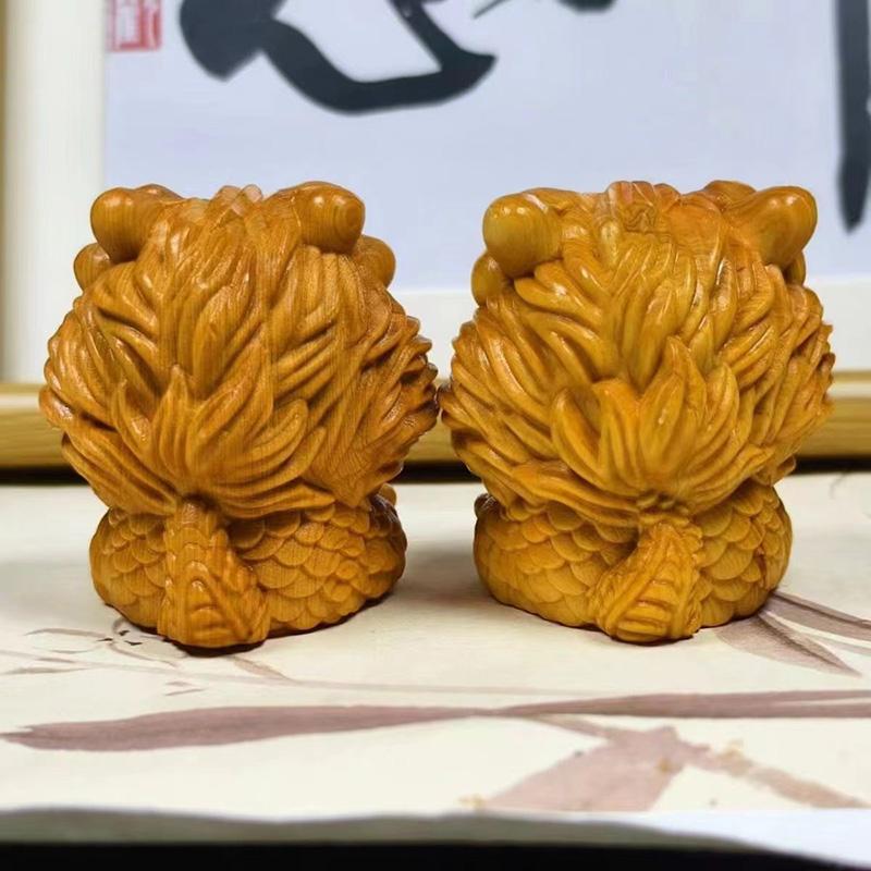 Natural Solid Wood Feng Shui Little Lion Lucky Mini Statue Cute Home Room Office Car Decorations  Featured Mascot A Pair