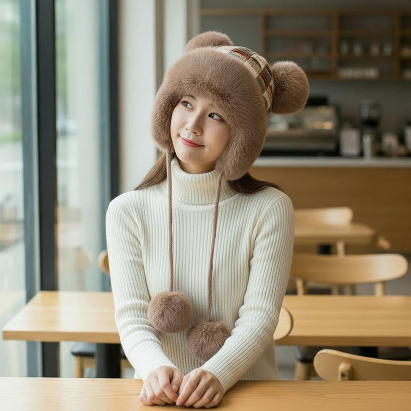 Winter Hat Female Cute Antlers Hairball Ear Protectors Plush Hat Christmas Thickened Northeast Lei Feng Hat Cycling Hat