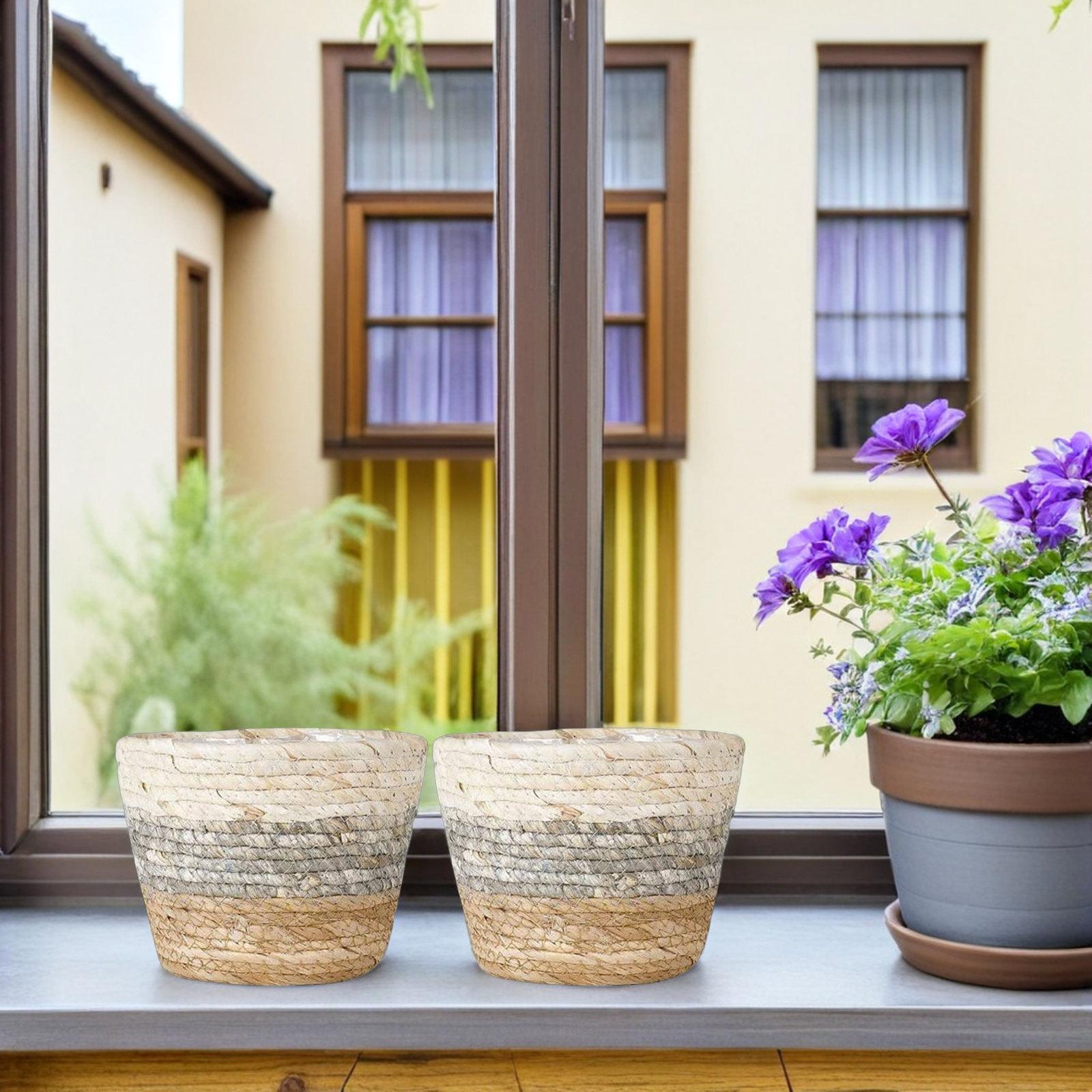 

2pcs Woven Straw Flower Baskets Decorative Plant Container For Desktop Indoor Garden Multi-Purpose Rectangular Basket Weaving 15X15X12CM