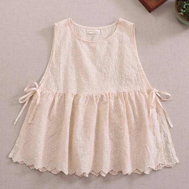 

Sweet Mori Style Cotton Linen Embroidered Vest with Side Slit and Tie-Up Design Extra Large абрикосовий