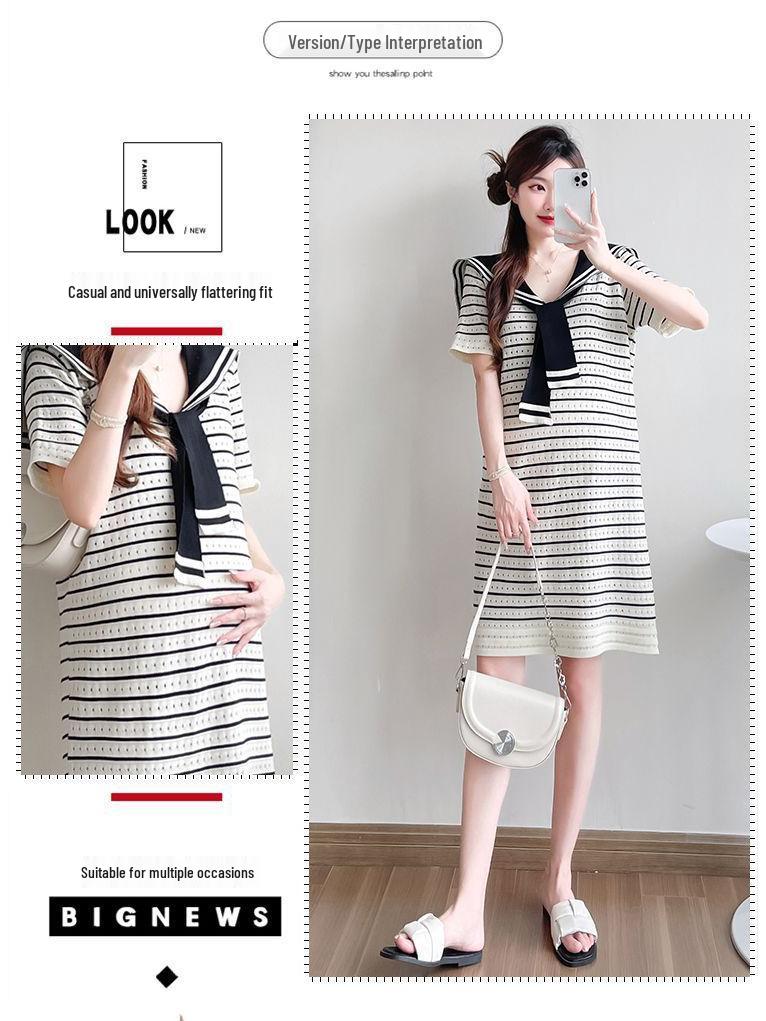 Navy Striped Korean Style Maternity Summer Dress, Casual Loose Fit, Slimming Ice Silk Knit with Hollowed-Out Details