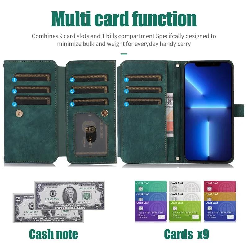 Long Lanyard Flip Leather Phone Case for iPhone 17 Air 16E 16 Pro Max 15 Plus 14 13 12 11 XS XR X Zipper Wallet Multi Card Cover