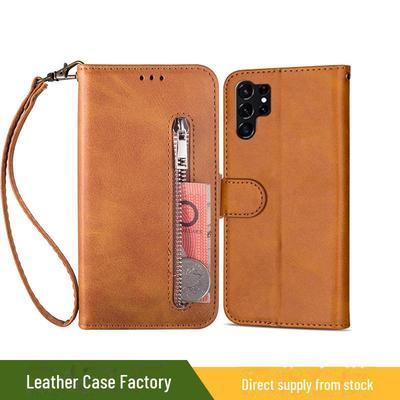 Samsung Calfskin Zipper Wallet Case for S23, S22, S21, A54, A14 with Solid Color and Flip Design