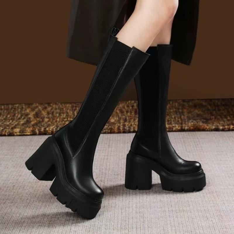Fashion 2025 Autumn and Winter New Chunky Heel Long-thigh Boots Color-block Small Women's Fashion Knee-high Boots
