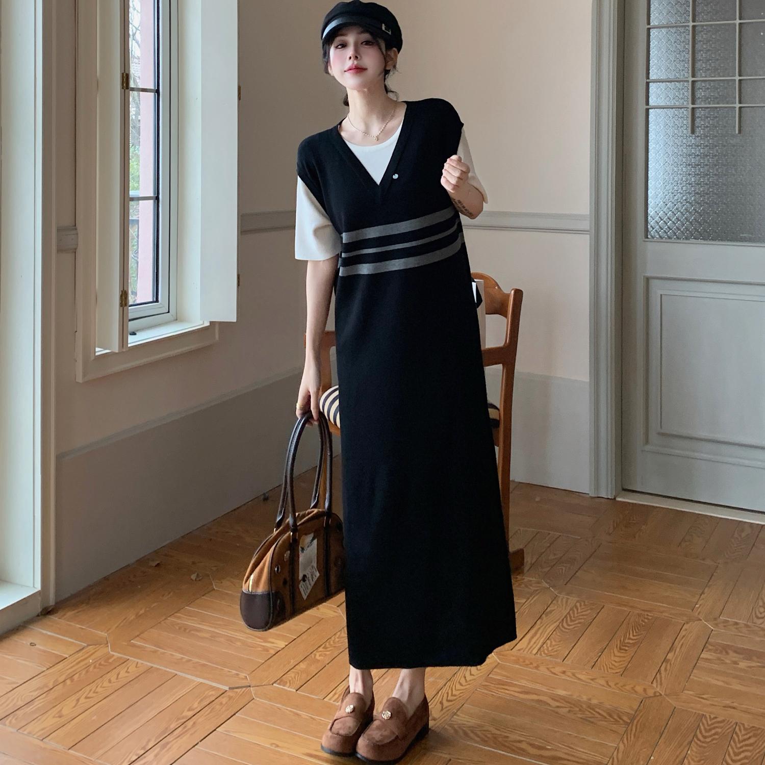 

DIMANAF 2025 Summer Plus Size Dress Women Casual Vintage Cotton Dress Basic Loose V-Neck Long Dress 2XL чёрный