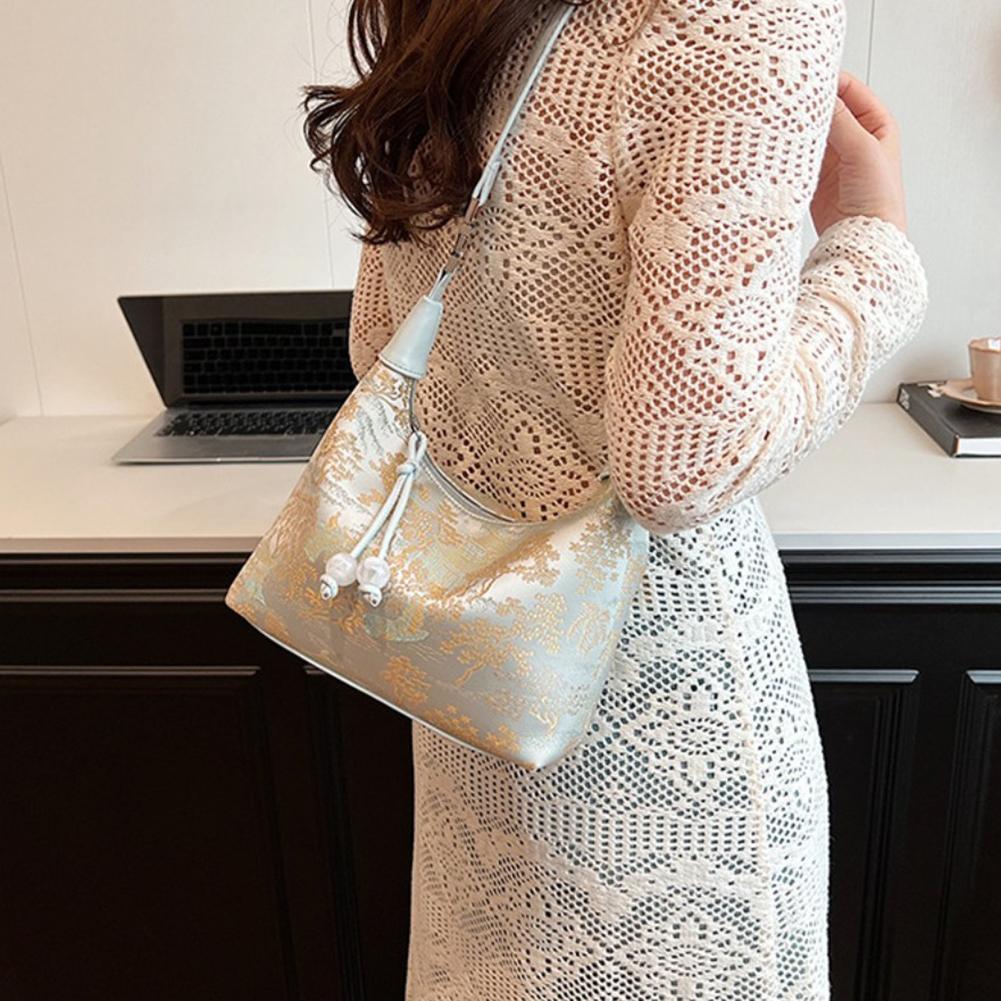 Women Sweet Embroidery Shoulder Bag with Pearl Pendant Casual Sling Bag Adjustable Strap Trendy Satchel Bag Date Party Handbag