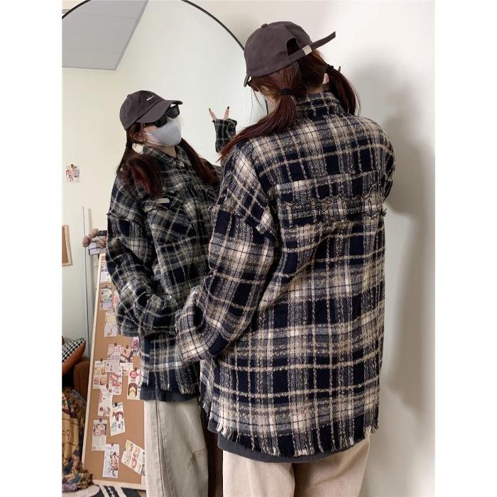 Guochao Vintage Distressed Plaid Shirt Jacket with Embroidered Appliqué for Couples 2XL чёрный