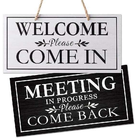 Double-Sided Office Door Hanger Sign, Acrylic Welcome Please Come In, Meeting In Progress Please Do Not Disturb, Red/Green and Wood Grain Options