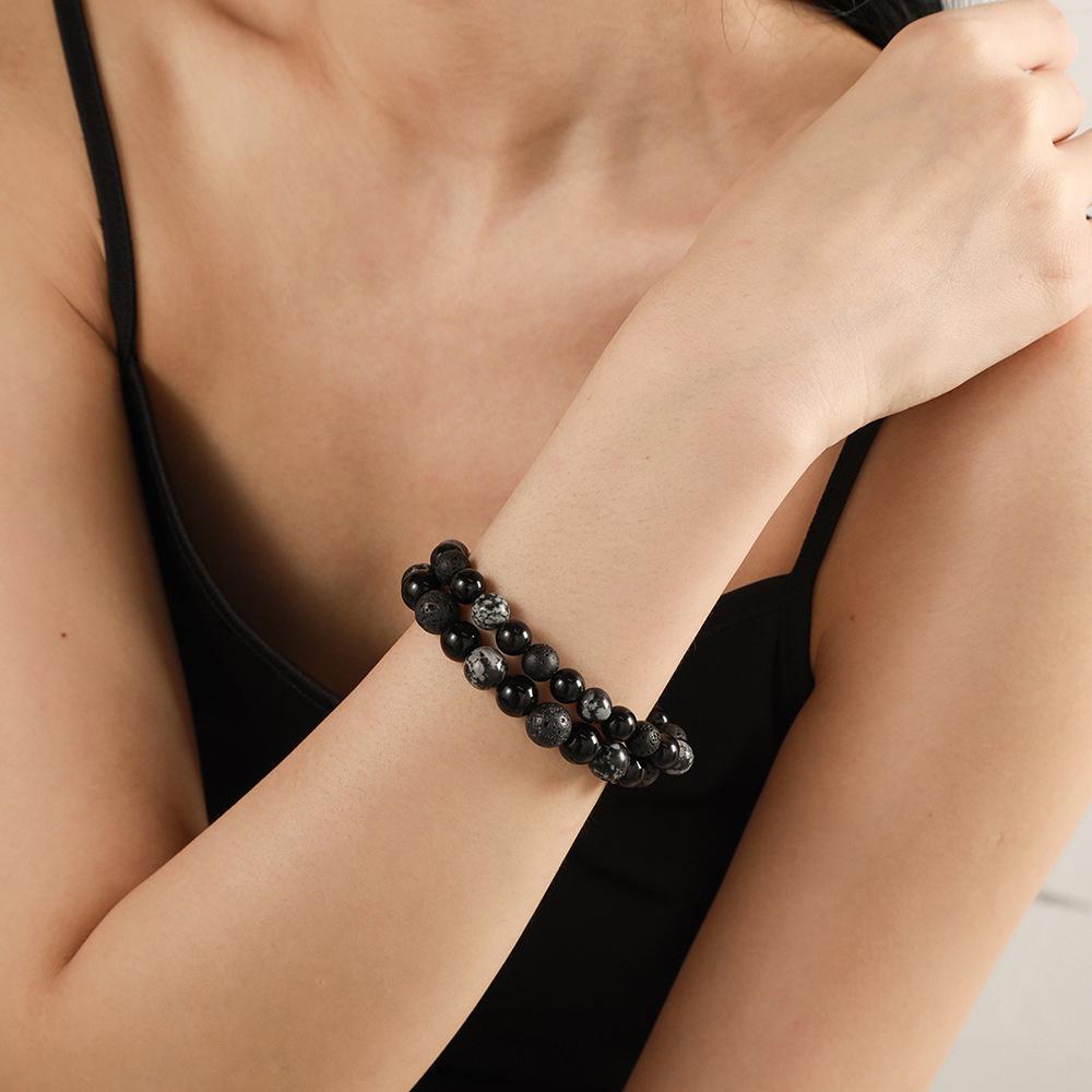 Handmade Natural Volcanic Stone Snowflake Stone Bead Bracelet Men's Retro 10/8mm Elastic Bead Couple Bracelet