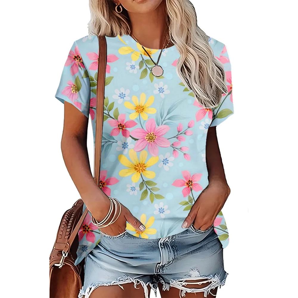 Casual Versatile Flower Print Short Sleeve Daily Women's Top Fashion Crew Neck T-Shirts Women’s