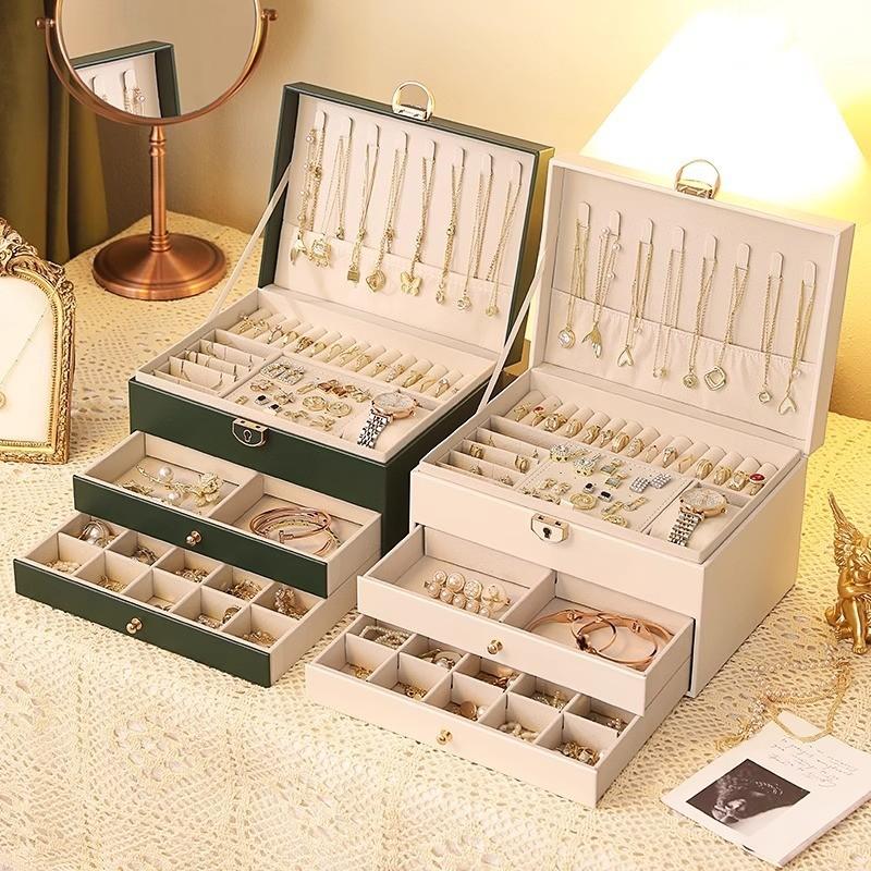 Classic Leather Jewelry Box With Multiple Layers For Elegant Storage Of Earrings Rings And Necklaces