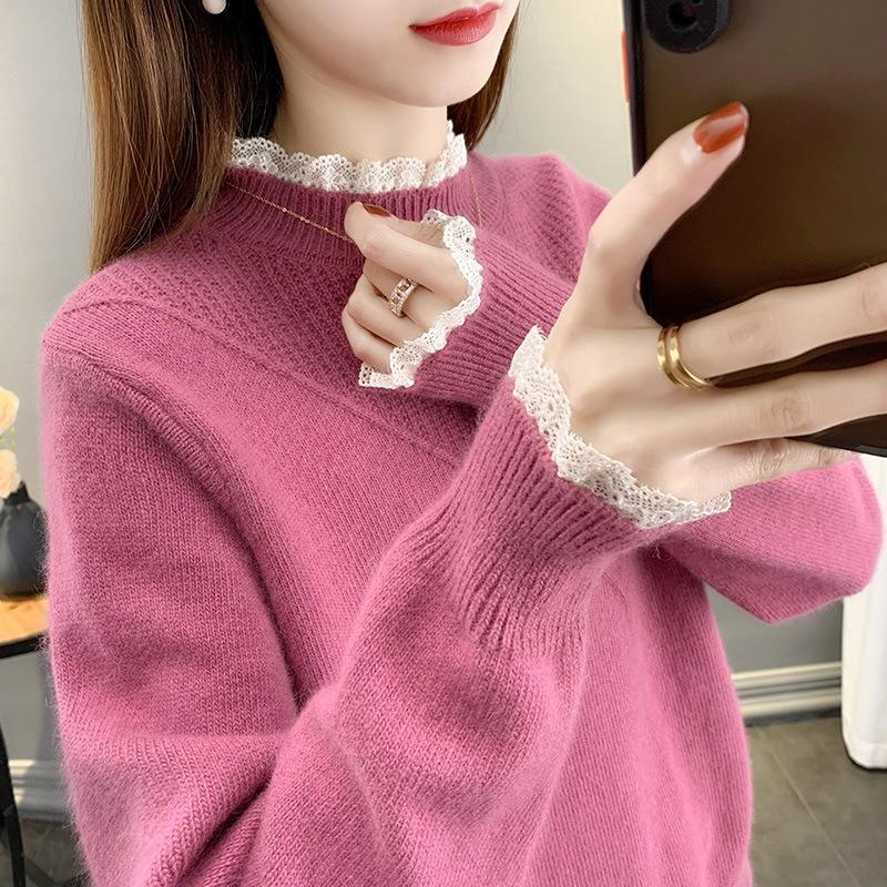 Maglione da donna autunno e inverno maglione a collo alto da donna camicia con fondo lavorato a maglia in pizzo con giunture interne larghe