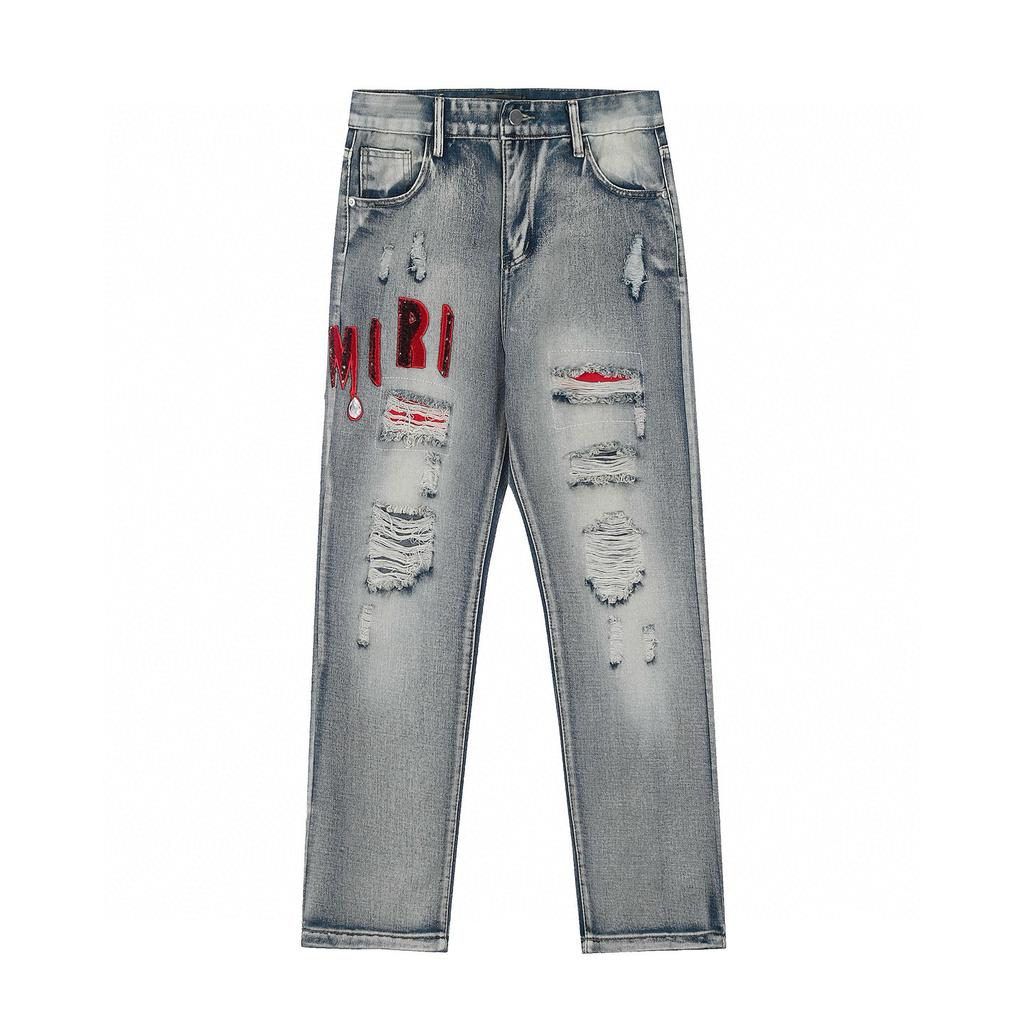 Amiri Trendy American Style Internet Famous Jeans with Fabric Patches, Torn Holes, Embroidery, Casual Trendy High Street Pants