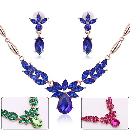 Women's Rhinestone Flower Pendant Alloy Necklace Earrings Wedding Jewelry Set