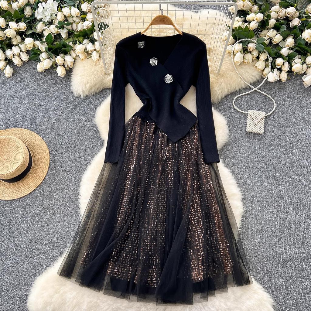 Autumn Knit Splice Mesh Dress Women Full Sleeve V Neck 3D Flower Design Winter Sequins Vintage High Quality Long Dress