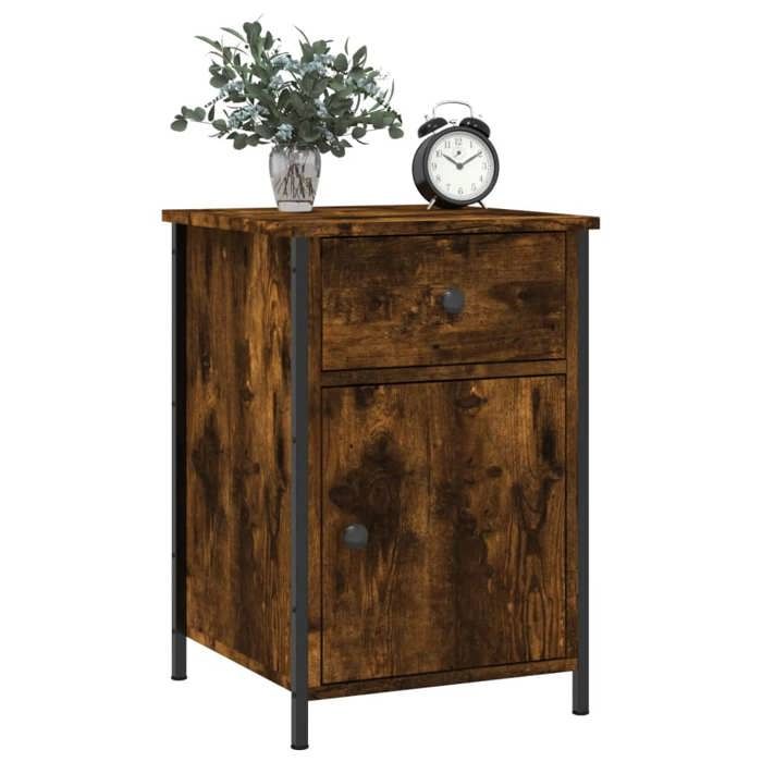 Table de chevet - Maison Exclusive - Chêne fumé - Bois d'ingénierie résistant à l'humidité - Cadre en fer robuste