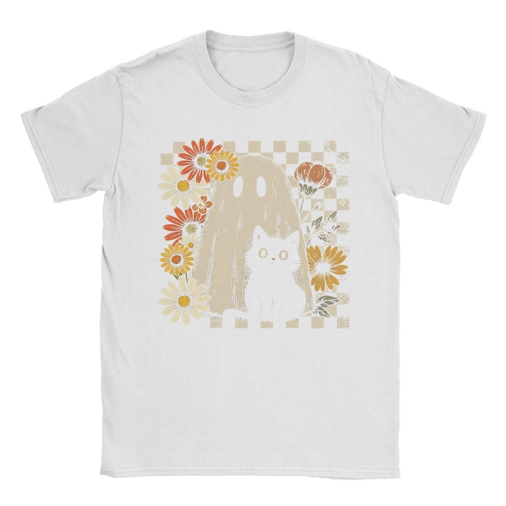 Boho Floral Fall Ghost Cat Halloween T Shirt Summer Hippie T-Shirts Mens Cotton O Neck Oversize Tees Short Sleeves Tshirt