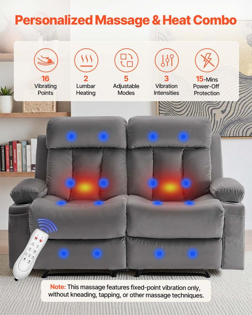 VEVOR Loveseat Recliner Sofa, Power Reclining Couch with Heating and Massage, Soft Velvet Electric Recliner Sofa with USB Ports