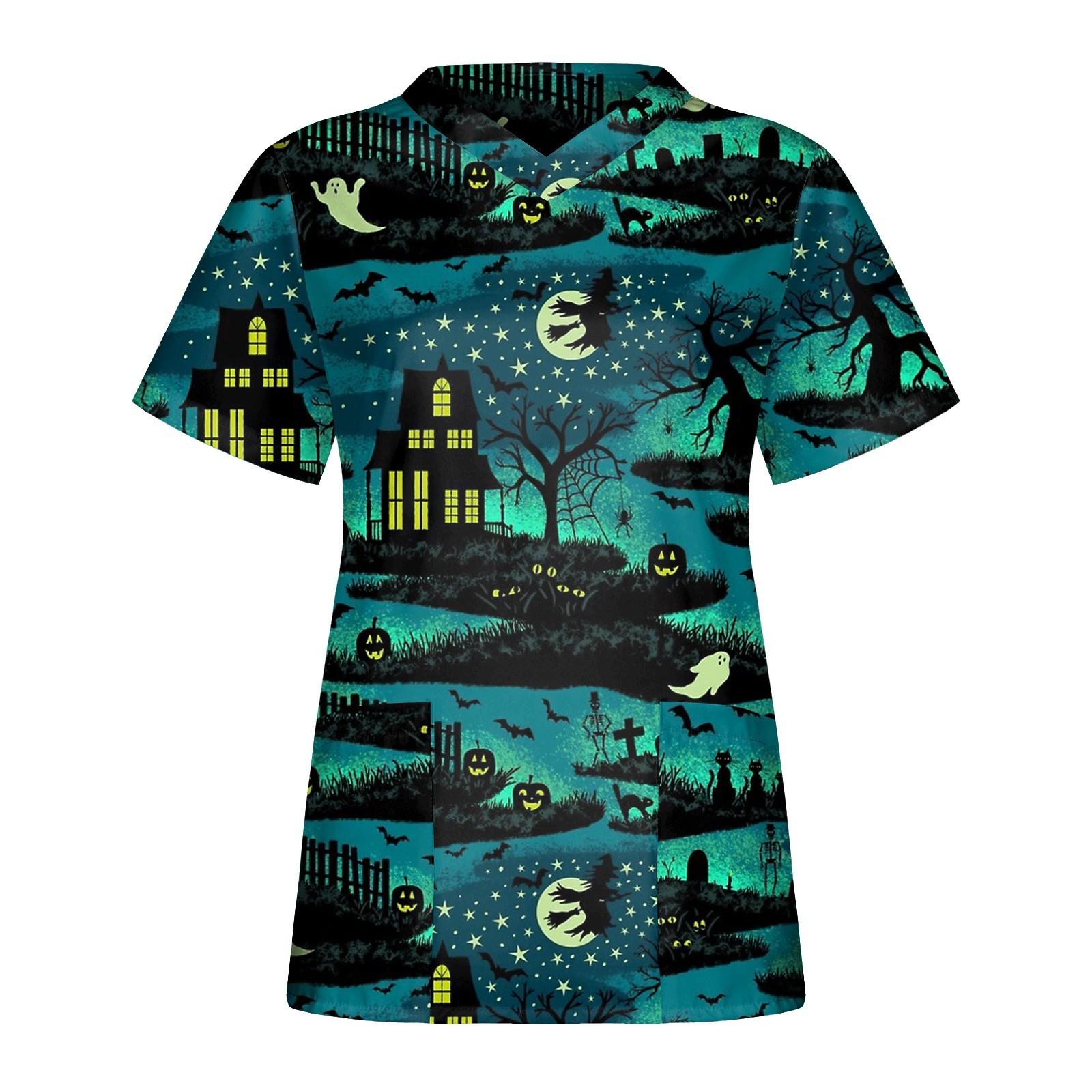 Women s Halloween Printed Short-sleeved V-neck Tops Workwear Casual Tops XXL зелёный