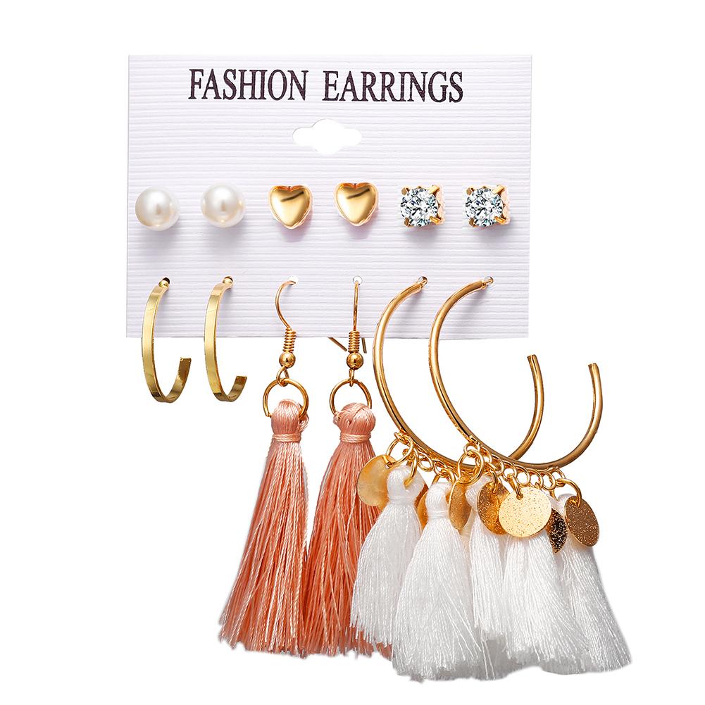6 pairs Women Fashionable Bohemian Tassels Romantic Earrings Flower Pattern Earrings