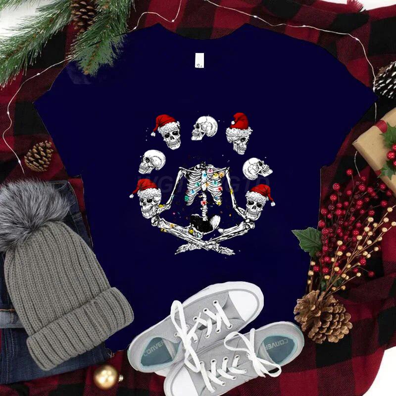 Skeleton Christmas T Shirt Unisex Yoga Lights Xmas Skull Graphic T Shirts Unisex Women Christmas Santa Skeleton Vintage T Shirts S