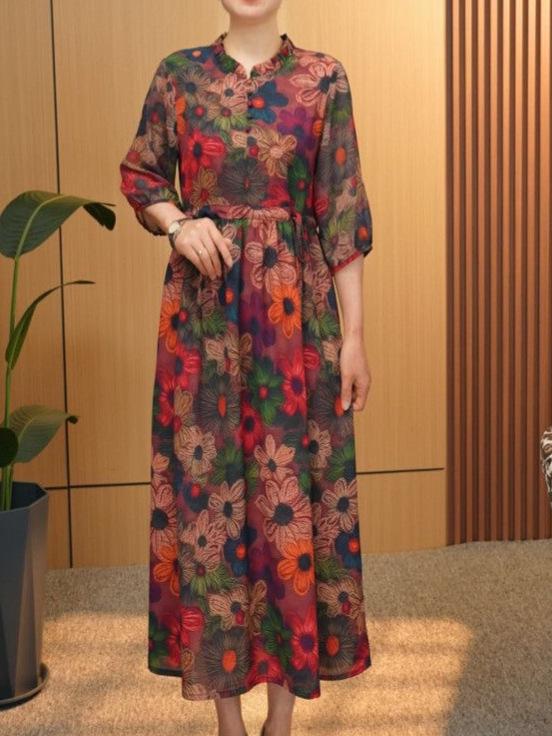 Elegant Slimming Plus Size Beach Dress for Middle-aged and Elderly Women - Noble, Belly-Hiding, Waist-Cinching Long Dress