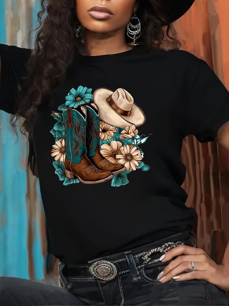 Floral Cowboy Boots Unisexs Tee Western Style Graphic Countryinspired Print For Casual Daily Wear