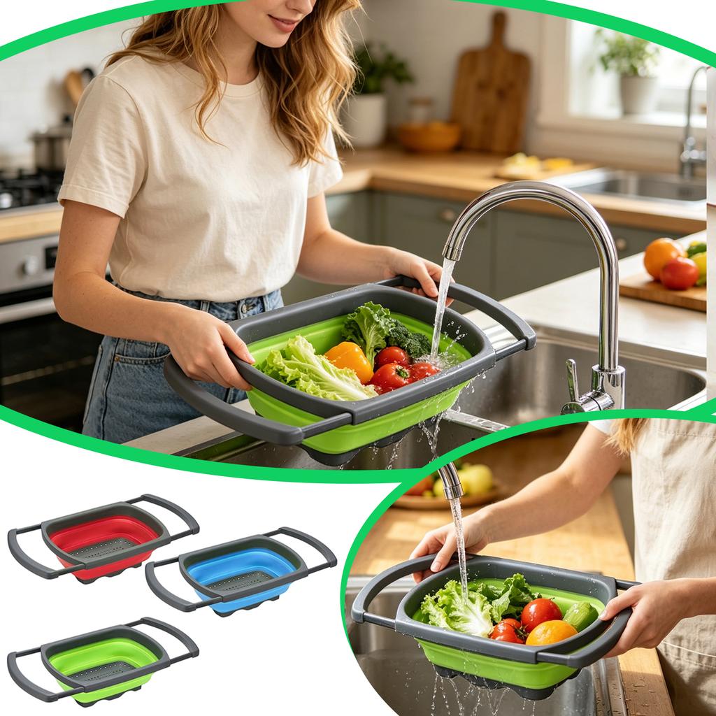 Collapsible Over the Sink Strainer Basket with Extendable Handles for Kitchen Fruit Vegetable Draining Washing Storage