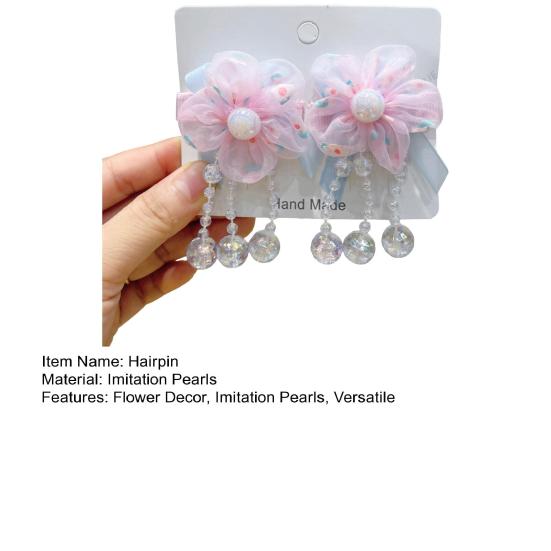 Hairpin Gradient Organza Flowers Bowknot Imitation Pearl Decor with Beaded Tassel Hair Clip