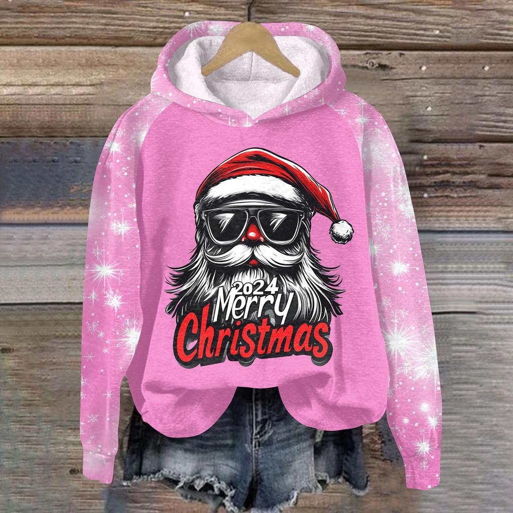 Dammode Pullover Djup Ärm Jul Tryckt Huvtröja
