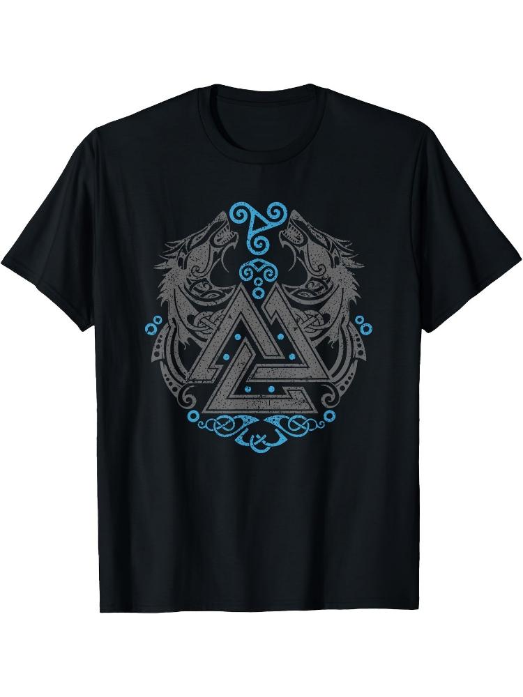 Valhalla Wolf Wolves Nordic Warriors Runes Valknut Symbol- 100% cotton summer short-sleeved O-neck T-Shirt .