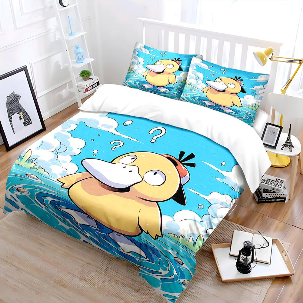 Free Shipping! Cute P-Psyduck Theme Bedding Set 3 Pieces Quilt Cover Pillowcase  Us Twin Adult Bed Cover Bedroom Set Kids Gift