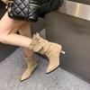 Retro Suede Pointed High-heeled Pleated Pile Boots Women Sexy Style Temperament Belt Buckle Slimming Mid Length Boots for Women