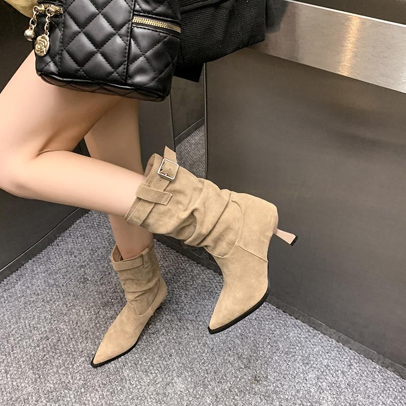 Retro Suede Pointed High-heeled Pleated Pile Boots Women Sexy Style Temperament Belt Buckle Slimming Mid Length Boots for Women