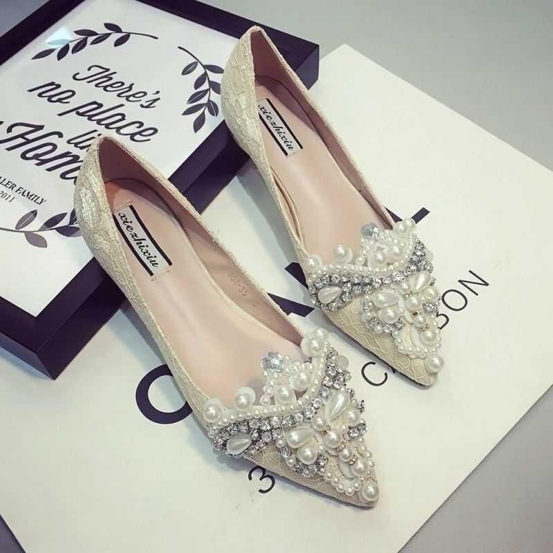 Fashion beaded pearl rhinestone flat heel autumn large size women's shoes pointed head shallow mouth flat sole single shoe