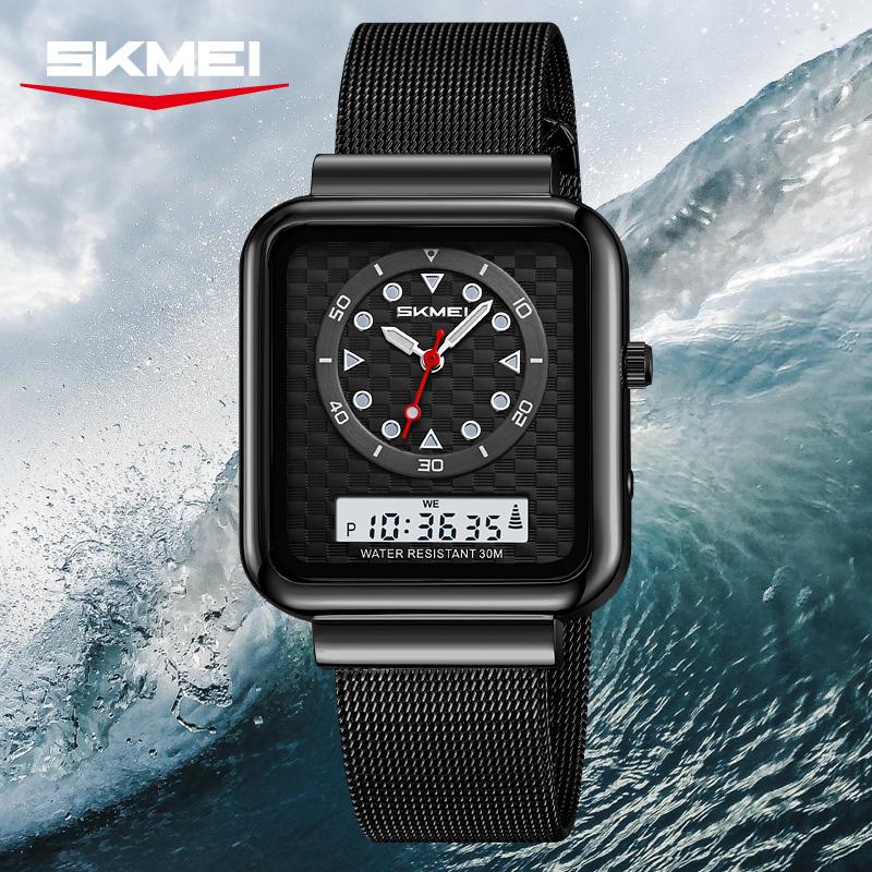 SKMEI 2466 Luxury Quartz Watch for Men Women Stainless Steel Digital Wristwatch Waterproof Dual Display Clock Girl Reloj Hombre