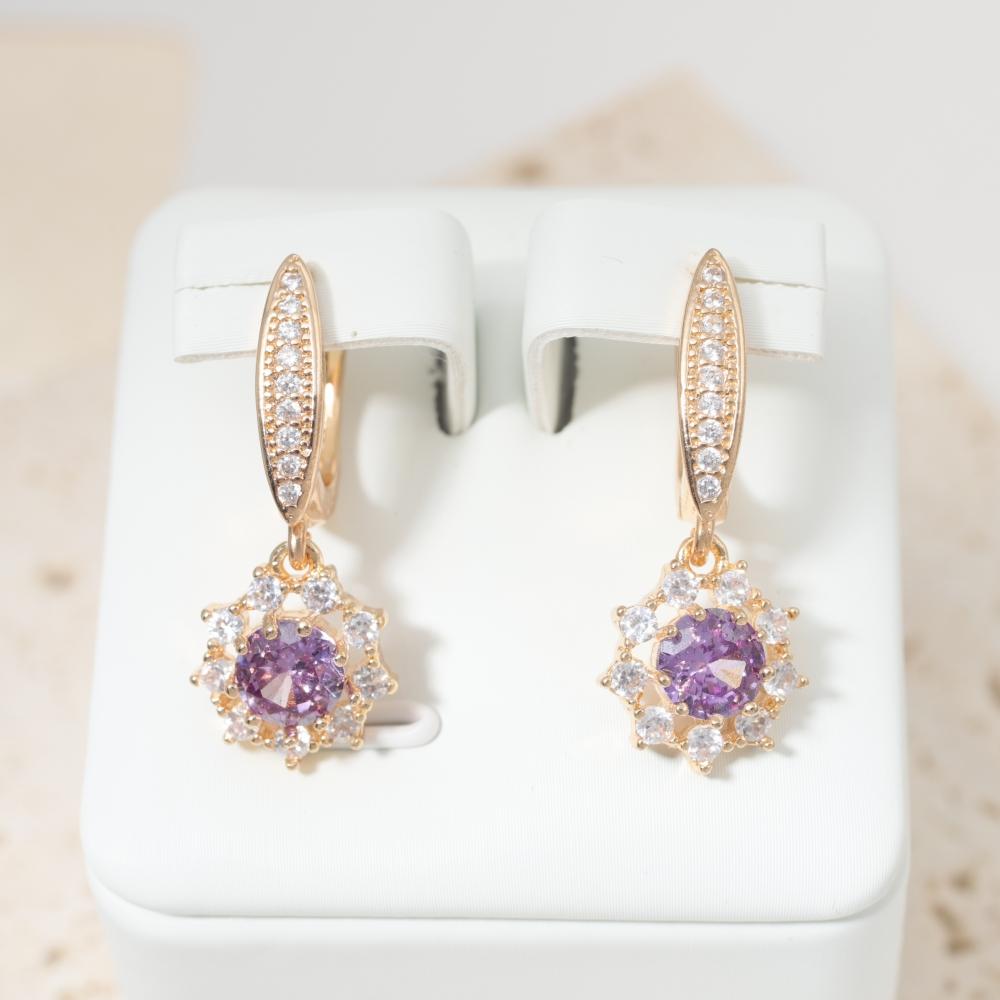

Sparkly Purple Zirconia Sunflower Dangle Earrings for Women Fashion Earring Jewelry Wedding Party Accessories фиолетовый