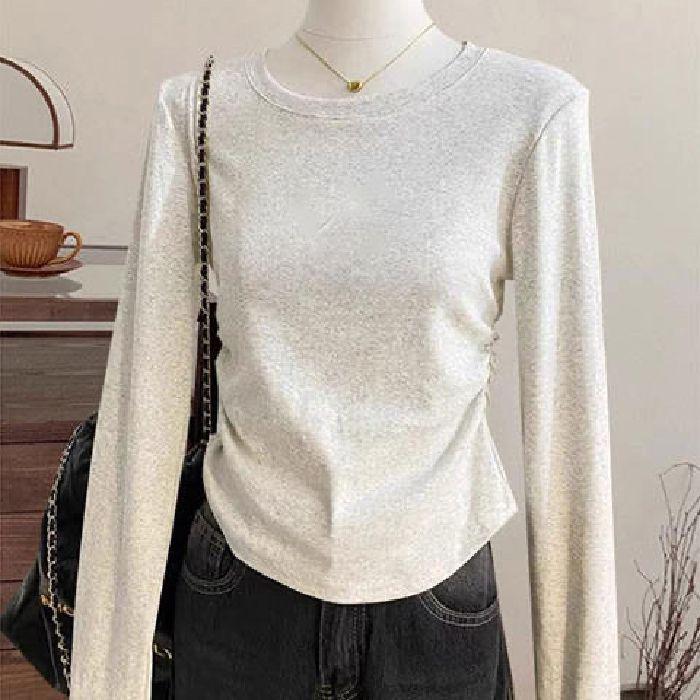 Women's Slim Fit Round Neck Long-Sleeve T-Shirt - Elegant Spring/Autumn Style