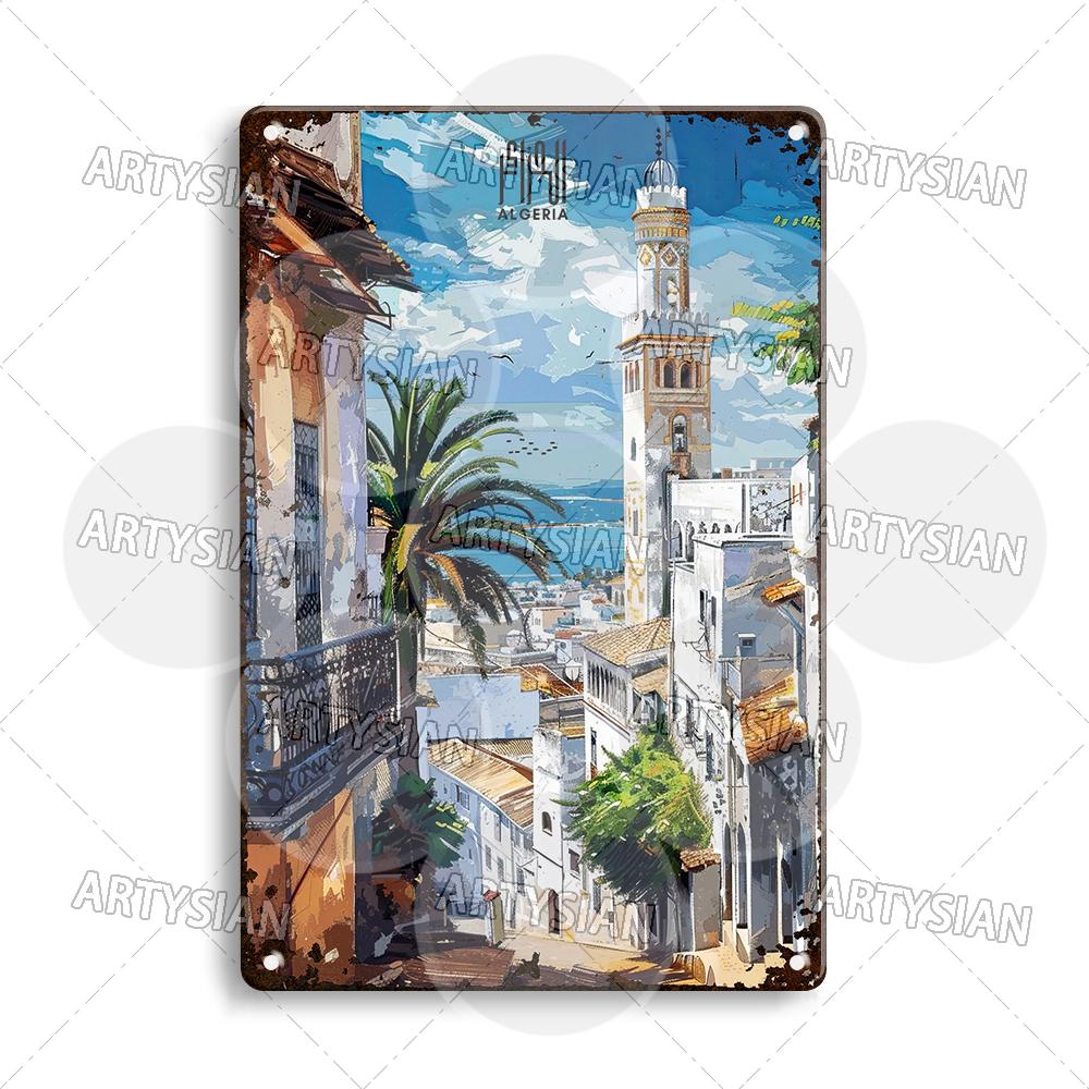 Maghreb Travel Cityscape Metal Sign Tunisia Alger Algeria Chefchaouen Morocco Marrakesh Oran Kabylie Hammamet Tunis Gafsa Plaque