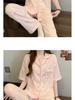 Sweet Striped Bow Print Korean Style Crinkle Pajamas Set for Women - Three-Piece, Short Sleeve Homewear.