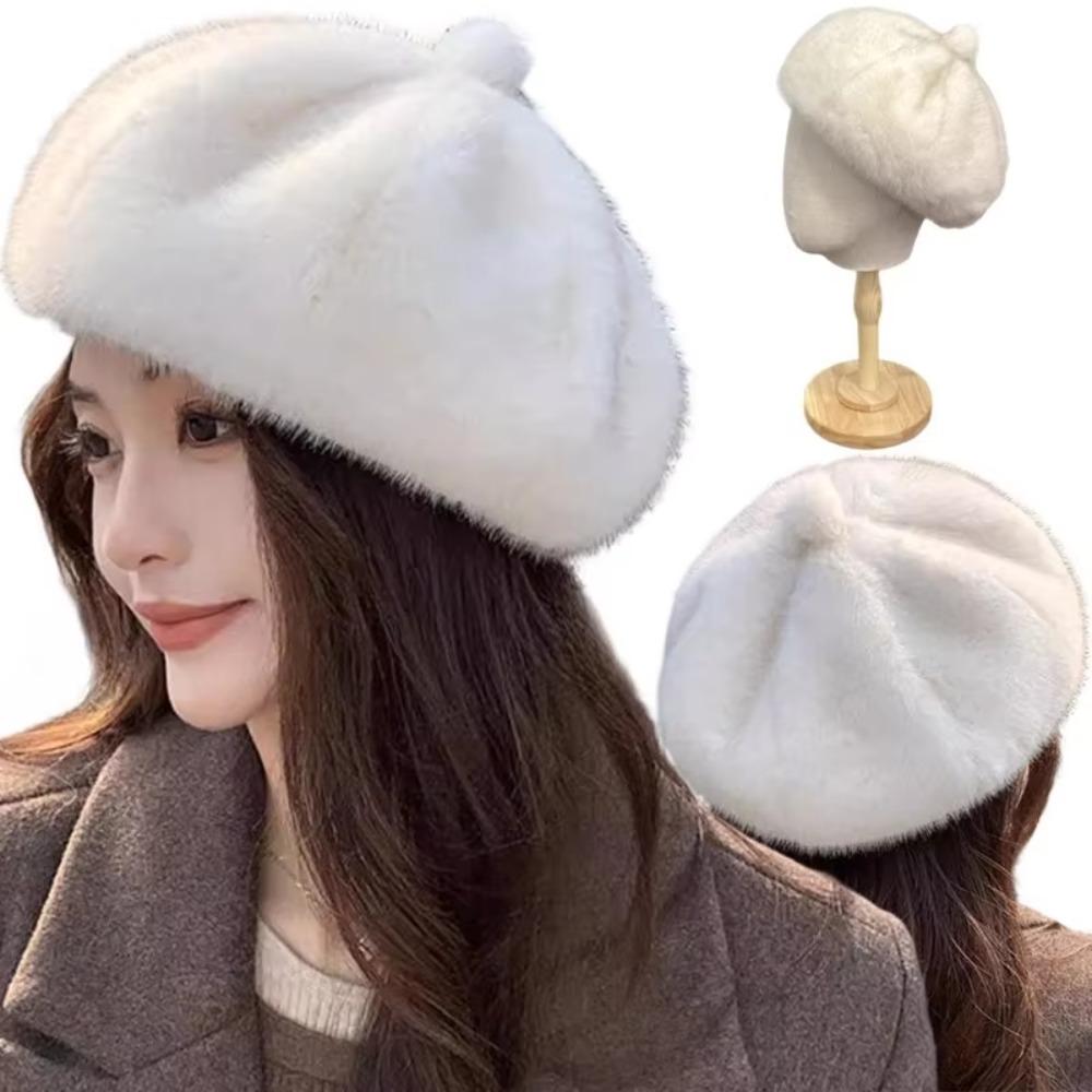 Leopard Print Painter Beret Hat Solid Color Fluffy Plush Beret New Octagonal Beanie Cap Women Girl