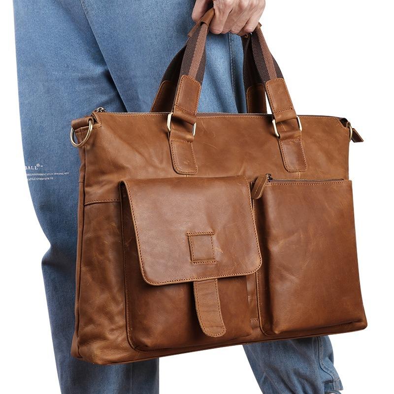 Men's Genuine Leather Business Briefcase 17-Inch Laptop Bag Horiztal Shoulder Cowhide Top Layer