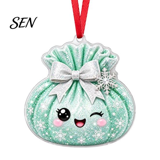 Colorful Cartoon Pattern Decor 2D Acrylic Christmas Ornament, Cute Luck Bag Bun Hanging Decor, Seasonal Decorative Crafts Tree Pendant for Holiday