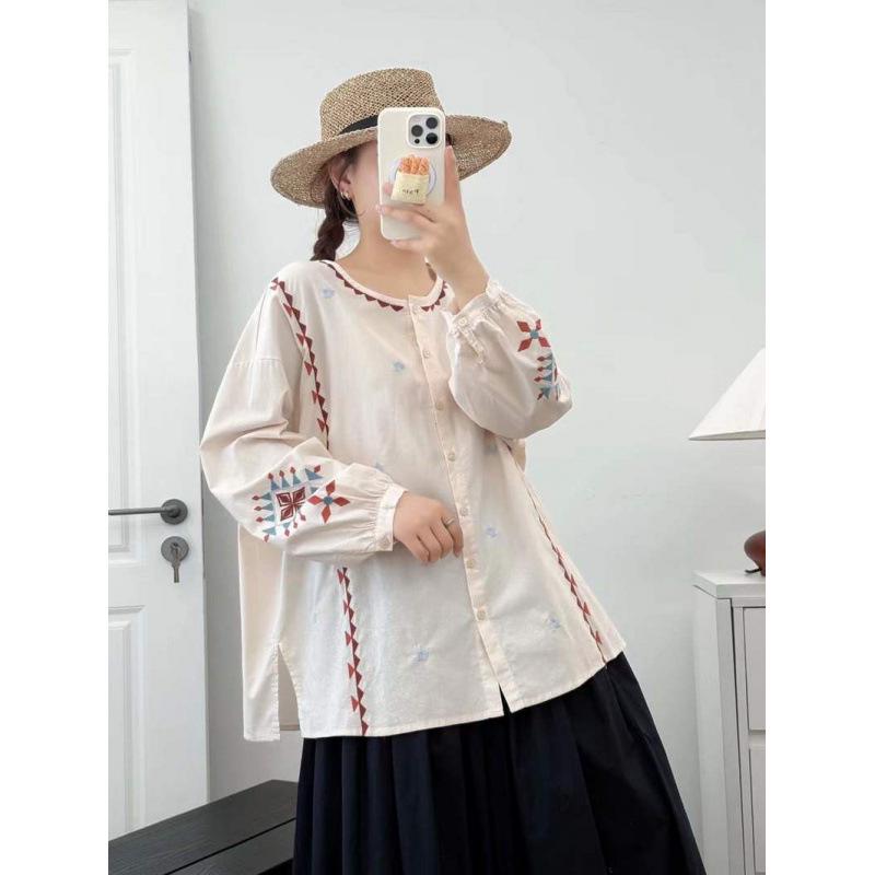 2025 Spring Retro Ethnic Embroidered Stand Collar Oversized Women's Cardigan Long Sleeve Shirt