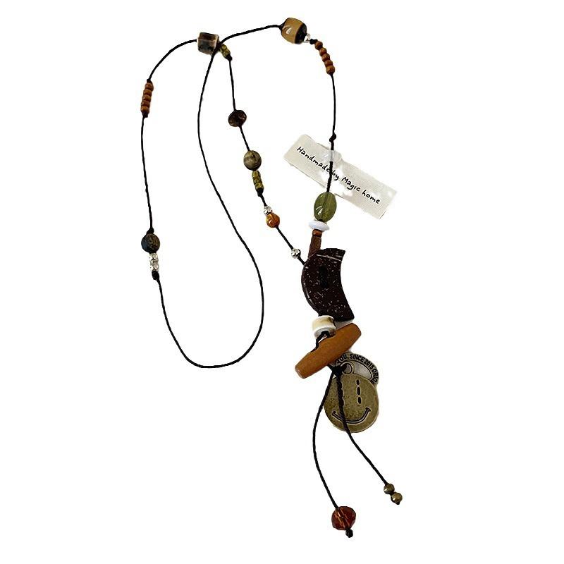 Retro Ethnic Style Crescent Moon Smiley Face Black Rope Long Necklace Women'S Light Luxury Temperament Elegant Versatile Neck Chain Sweater Chain